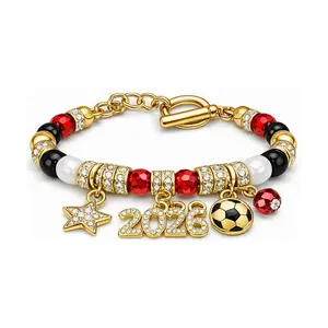 Gold football bracelet with diamond-studded five-pointed star pendant, adjustable chain, 2026 World Cup football bracelet
