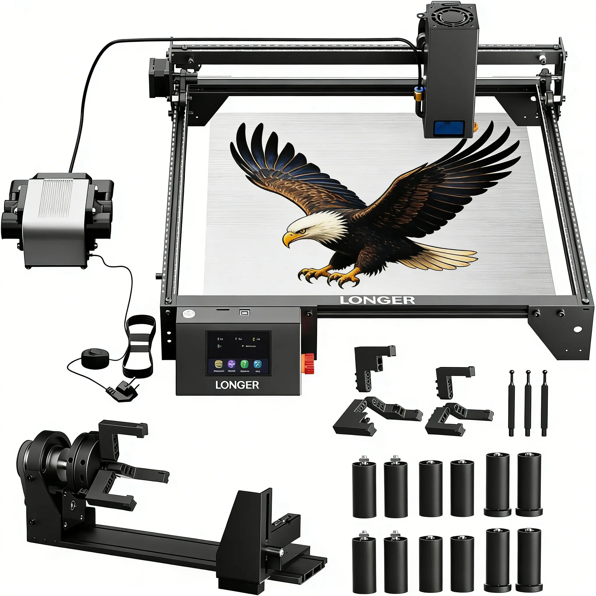 Longer RAY5 20W Output Laser Engraver & Cutter Hardware, Desktop DIY Power Tool with Safety Protection, Air Assist, 3-in-1 Roller Module, WiFi, TF Card, USB Cable, 24000mm/min High-Speed Cut for Smooth Surfaces, Multiple Materials & Personalization