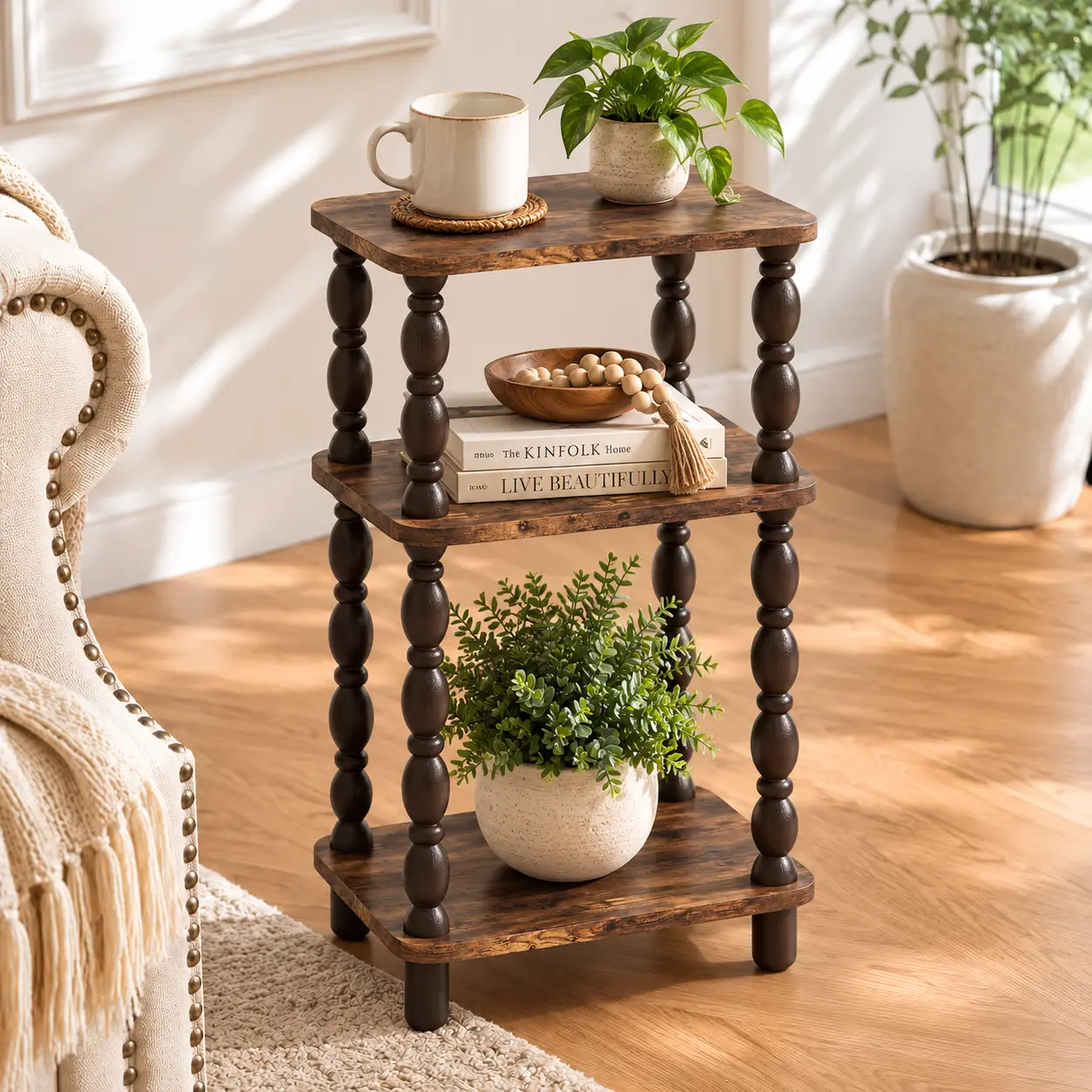 FXACYEM Rustic Brown 3-Tier Floor Side End Table (15.7"×11.8"×26"), Farmhouse Wooden Furniture for Small Spaces, No-Tool Assembly Apartment Essential, Multi-Purpose Compact Nightstand for Bedroom & Living Room