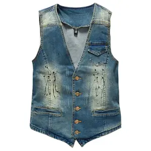 Spring Autumn New Fashion Men's V-nevk Splashed Ink Vintage Blue Sleeveless Jean Jacket Casual Trendy Denim Vest Coat Streetwear