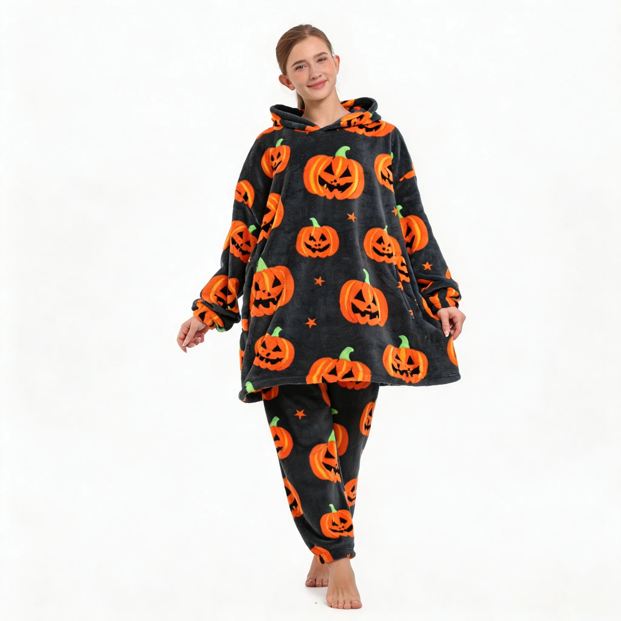 Women Halloween Pumpkin Pajama Set, Hooded Top and Jogger Pants 2 Piece Loungewear Outfit, Flannel Fleece Soft Comfortable Warm Sleepwear for Halloween Party