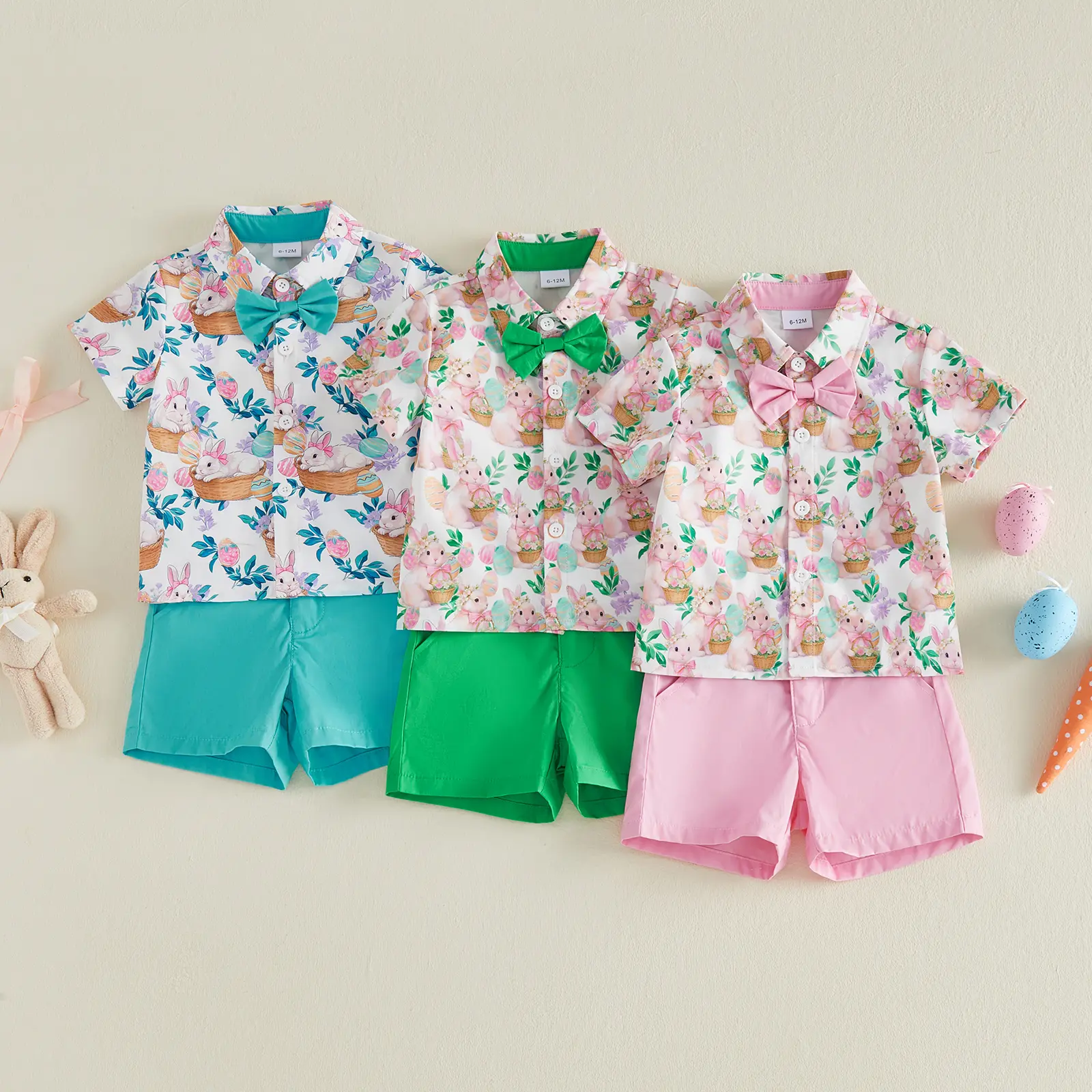 PYBCVRRD Kids' 2-Piece Easter Clothing Set, Short-Sleeve Animals Bunny Flower Print Shirts, Matching Shorts for Toddler Baby Boys (6M-4Y)