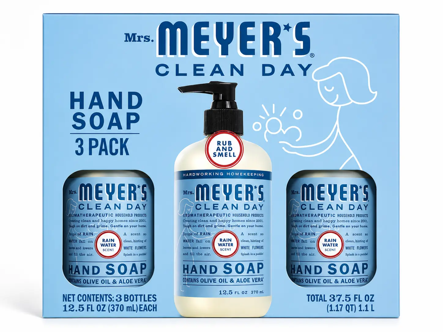 Mrs. Meyer's Clean Day Liquid Hand Soap, Rain Water Scent, 12.5 fl oz Each, 3-Pack, Moisturizing Formula with Aloe Vera, Olive Oil and Essential Oils, Softens and Cleans Hands, Cruelty Free, Made with Essential Oils, Fragrance