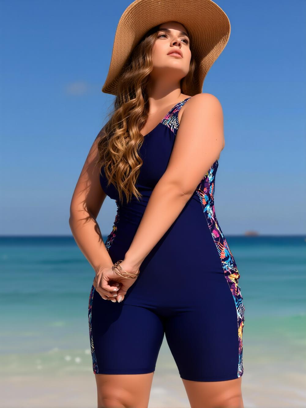 Plus Size Sporty Surf Printed Color Block One-Piece Swimsuit – Tummy Control Slimming Boyleg Bathing Suit