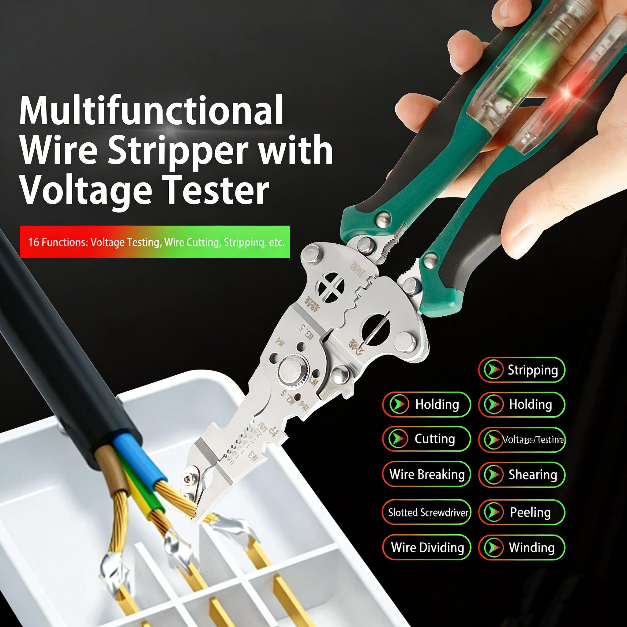 16-in-1 Professional Heavy Duty Wire Stripper with Voltage Tester & Hook Knife, Foldable Multi-Tool Perfect for Electricians, Industrial Work & Home DIY Repairs