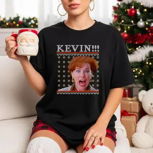 Kevin!!! Home Alone Ugly Sweater Style Christmas McCallister Meme T-Shirt – Vintage Funny Holiday Movie Celebration Tee Top – Retro Xmas Family Gift Family Gift Shirt