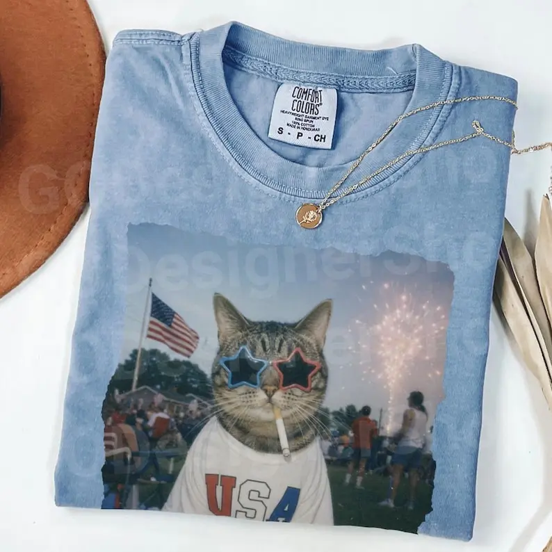 Comfort Colors Patriotic Cat Shirt, Funny USA Cat Graphic Tee, Vintage American Pride Shirt, Fourth of July Cat Lover Tee