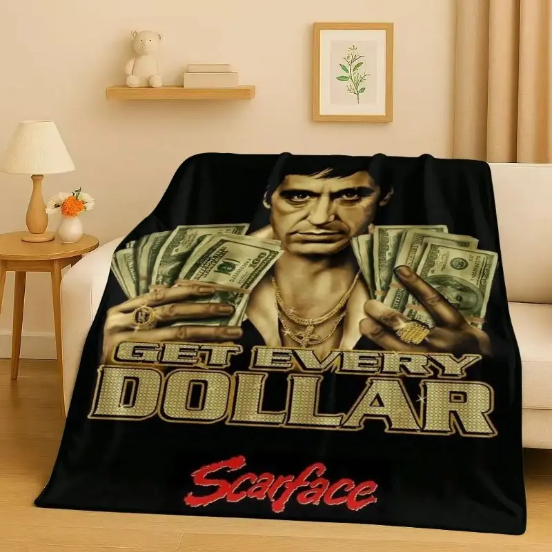 Scarface Tony Gang Retro Movie Soft Flannel Throw Blanket, 2D Photo Collage Art for Media Rooms and Vintage Crime Lounges, Cozy Sofa Accent for Movie Nights & Birthday Holiday Gift for Classic Gangster Film Fans and Cinema Collectors