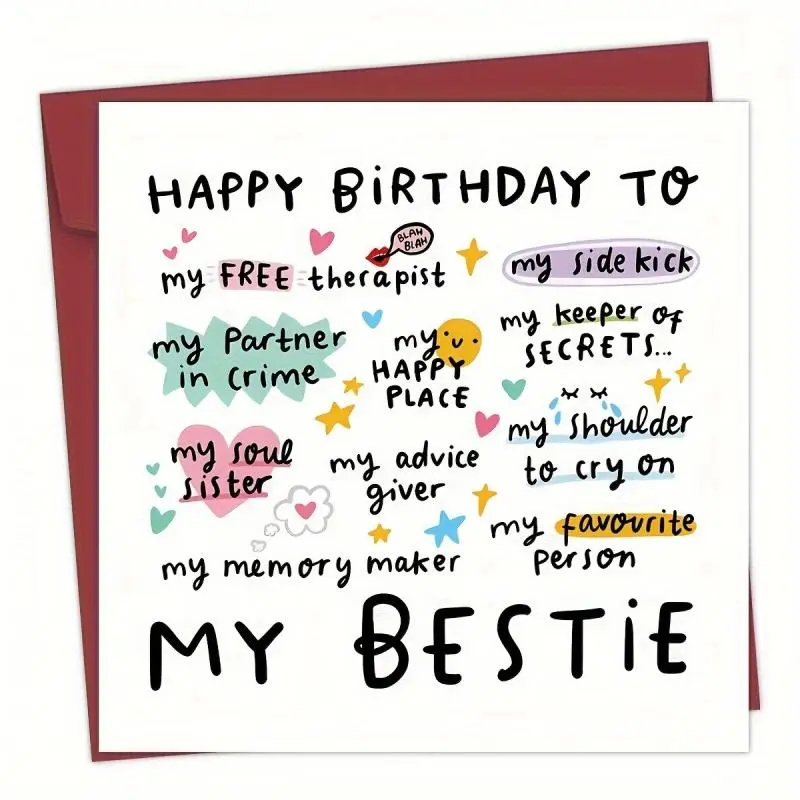Happy Birthday To My Bestie Greeting Card, Birthday Card with Envelope, Letter Graphic Birthday Greeting Card, Birthday Party  Funny Gift  Greeting Card for Women, Custom Message Card, Lettering