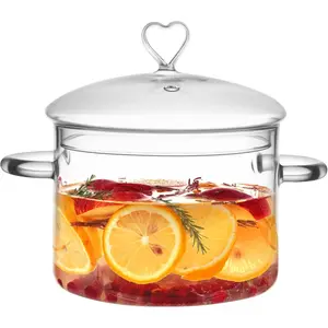 2000ml(68oz) Clear Glass Cooking Pot with Heart Shape Lid, Heat Resistant Energy Saving Simmer Pot for Stove Potpourri Water-based Recipes