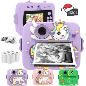 Kids Camera Instant Print,Children's unicorn digital camera, cartoon design, capable of taking photos and recording videos, creative drawing dual-mode, with silicone protective case, portable handheld camera