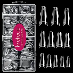 600PCS Half Cover Coffin Nail Tips - Acrylic Nail Tips, krofaue 12 Size Clear Nail Tips, Half Cover Acrylic False Nail Tips With Box for Nail Tips Art Salons and Home DIY (Clear)