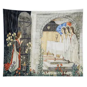 The Holy Grail Sir Bors&Sir Perceval Tapestry William Morris Wall Hanging New Religious Scene With Figures In Medieval Attire And Floral Elements Wall Tapestry Acrylic Pendant Ornament For Living Room & Bedroom Christmas Gift For Faithful