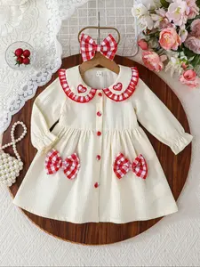Super Cute Baby Girl Ivory Long Sleeve Dress for Spring & Autumn: Red White Plaid Collar + Heart Decor & Bow - Cute Comfy Daily Wear for Little Princesses 🎀