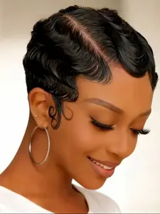 Finger Wave Human Hair 13x4 Lace Front Wig, 180% Density Pixie Cut, Black 99j wig Natural Look Short Wigs, No Ca Prop 65 Re