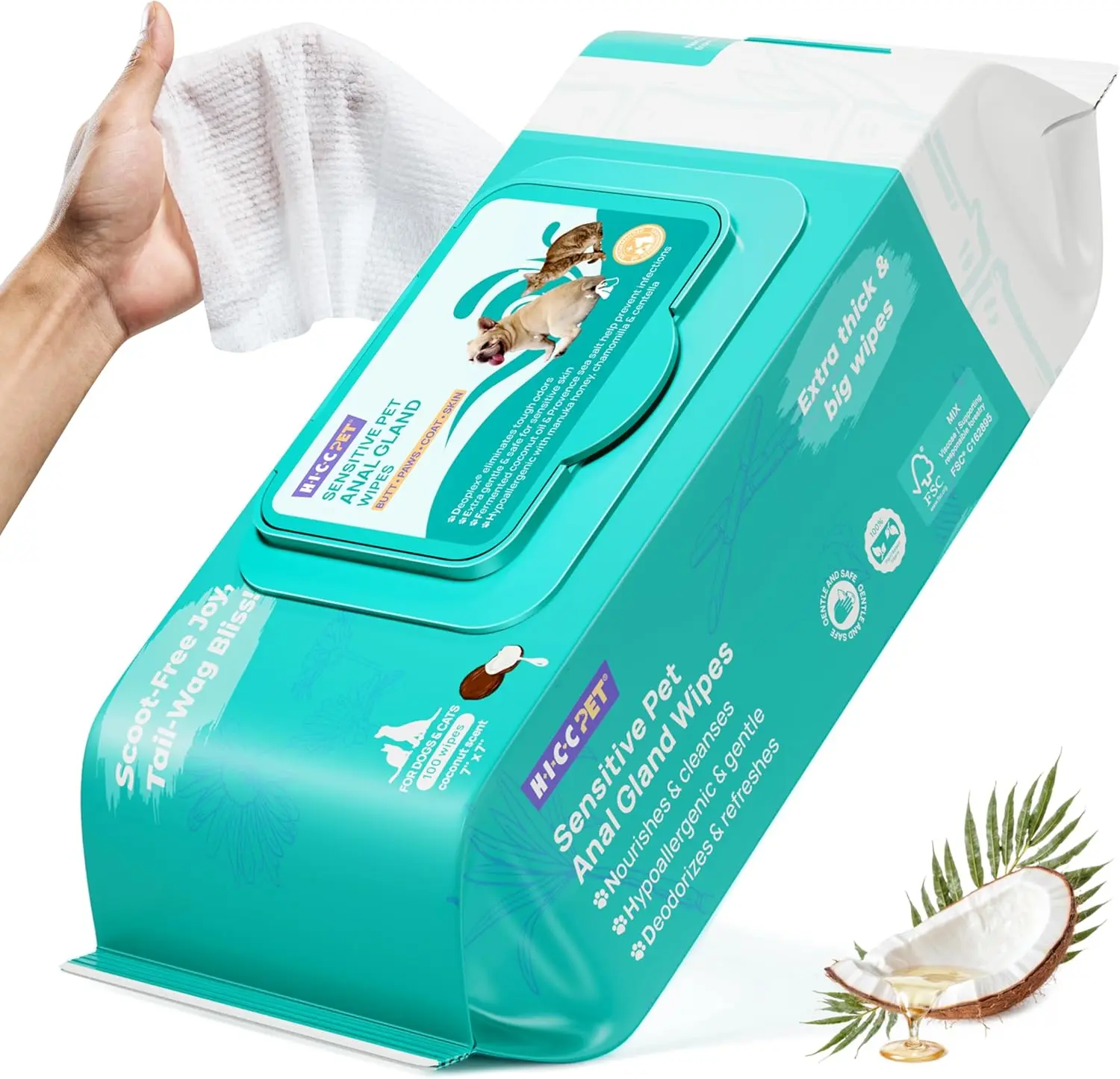 HICC PET Wipes for Dogs & Cats, Vet Recommended Cleaning Deodorizing Butt Wipes, Hypoallergenic Hydrating & Nourish Fur Dog Grooming Wipes for Paw, Butt, Body, 100 counts light coconut