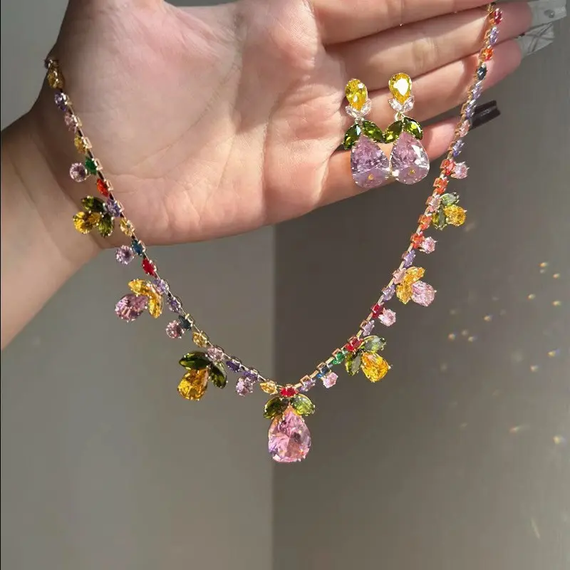 Dopamine Colored Bling Droplet Pendant Necklace - Sparkling Artificial Diamond Leaf & Droplet Design, Sweet Exquisite Niche Chain & Link Collarbone Chain, Fits Any Outfit, Model A10188-XL E50180-EH tiktokshopbacktoschool
