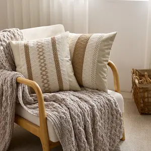 DRAGUE Boho Throw Pillow Covers, 17.7x17.7 in Set of 2 Beige Brown Farmhouse Textured Embroidered Striped Cushion Covers for Couch, Bedroom Home Decor (No Inserts Included)