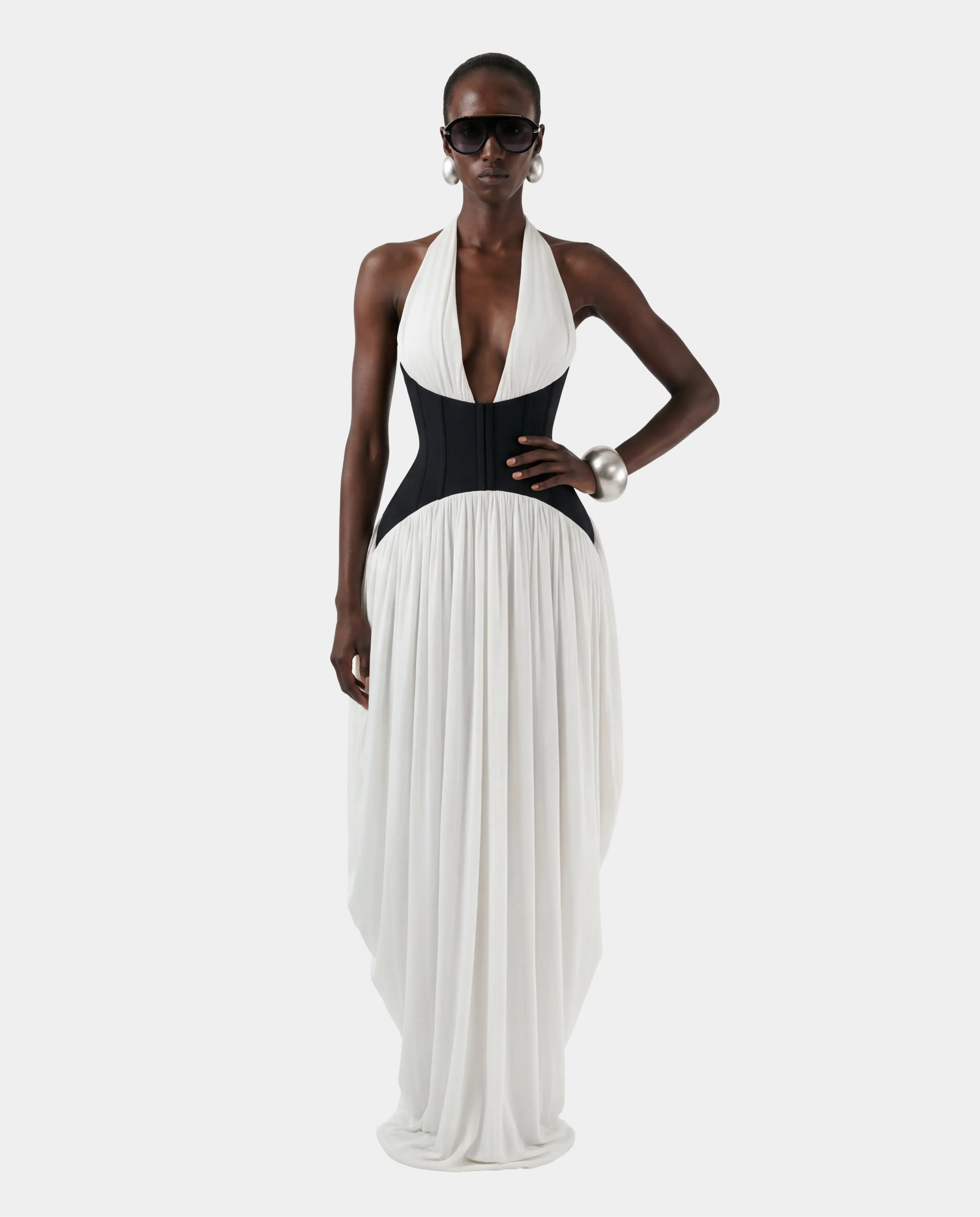 The Halter Corset Gown – Women's Chiffon Halter Corset Maxi Gown with Boning and Slit, Evening Dress