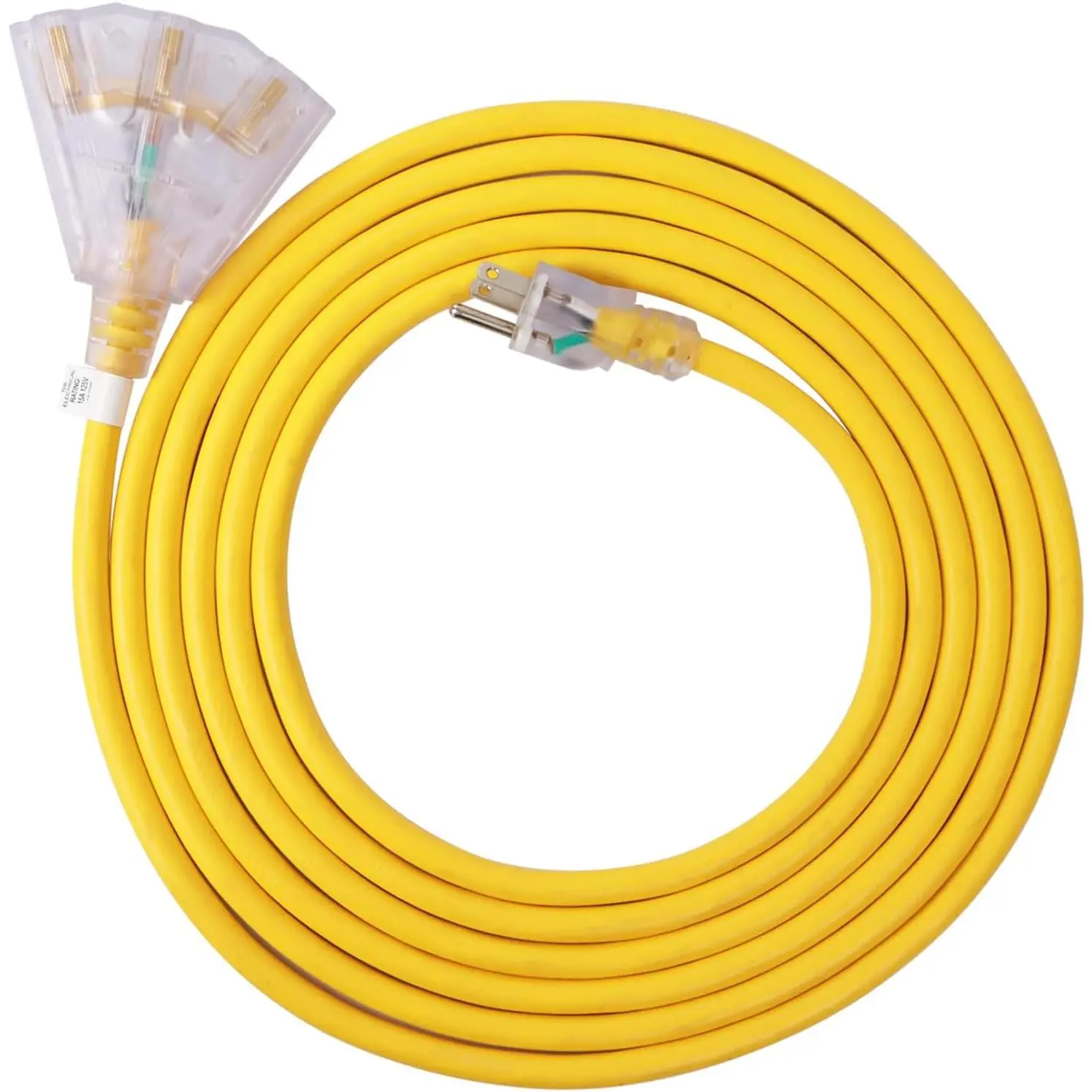 25 Ft Lighted Outdoor Extension Cord with 3 Electrical Power Outlets - 14/3 SJTW Heavy Duty Yellow Extension  with 3 Prong Grounded Plug - Power Cord for Lawn, Garden, Appliances