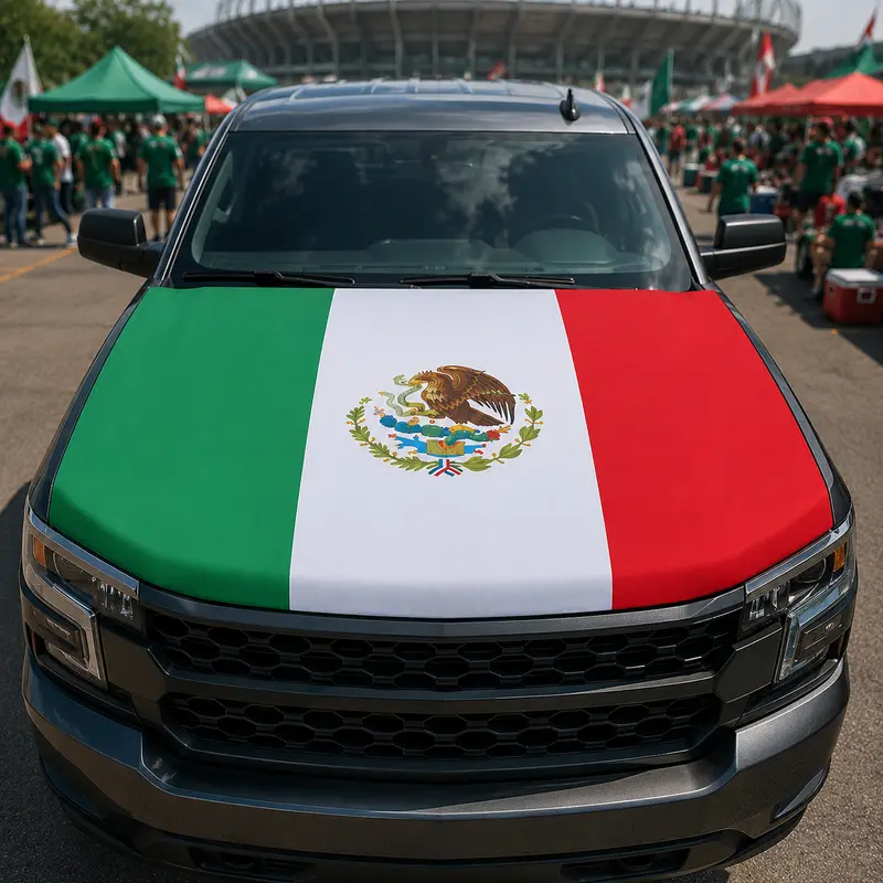 Vibrant Patriotic Mexico Flag Car Hood Cover - 4x5ft No-Fade Premium Sublimation Print, Car Covers for Automobiles, Auto Accessories, Bug & Engine Shield, Fender Flares Coverage, Supplier Warranty, Auto Exterior Accessory