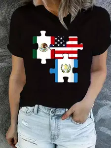 Graphic Tees Women, Camiseta Con Diseño De Puzzle De Orgullo Patriótico De Latinoamérica, México, Guatemala Y Ee. Uu., Color Negro