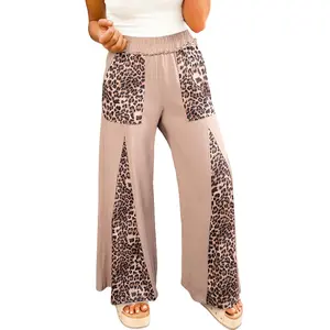 Asvivid Mineral Wash Leopard Patchwork Wide Leg Pants for Ladies High Waist All Seasons Casual Bottoms Fashion