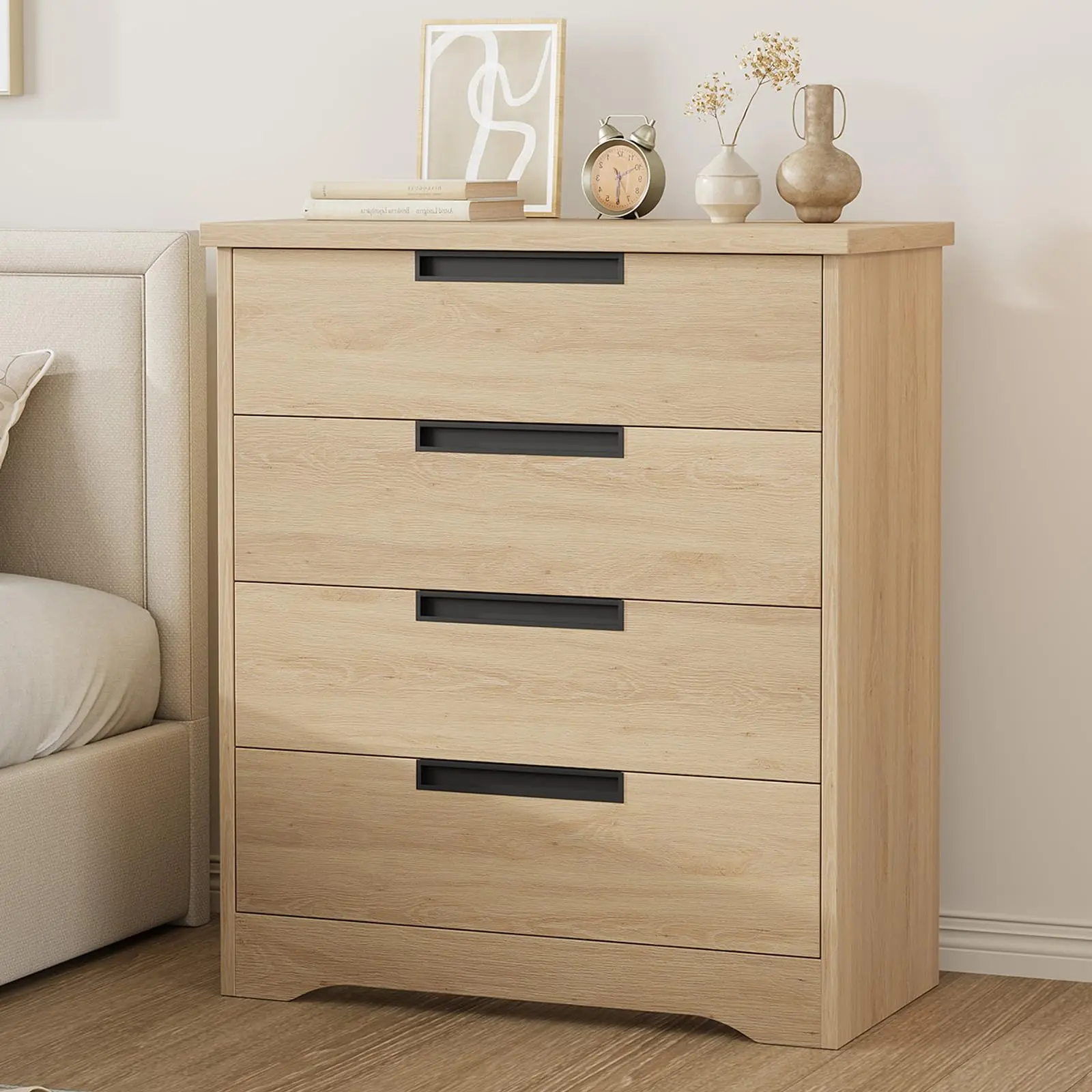 Modern 4-Drawer Wood Tall Dresser - Stable Indoor Space-Saving Cabinet with Built-in Handles, Smooth Gliding Drawers, Large-Capacity Storage, No Sharp Edges for Bedroom, Closet