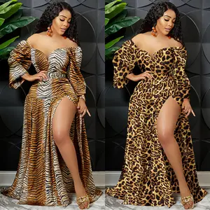 Golden Hour Flow - Printed Wrap Maxi Dress in Leopard & Tiger Print with Off-Shoulder Design and High Slit