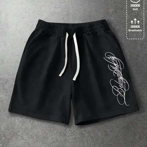 Men’s summer regular-fit cotton shorts featuring American high-street style art letter print (Y2K). Fashionable casual men’s shorts for going out with pockets, elastic waistband and drawstring; suitable for running, golf, fishing, basketball, camping, gym