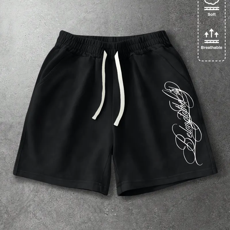 Men’s summer regular-fit cotton shorts featuring American high-street style art letter print (Y2K). Fashionable casual men’s shorts for going out with pockets, elastic waistband and drawstring; suitable for running, golf, fishing, basketball, camping, gym