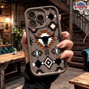 Vintage Western Bull Skull Geometric Slim Case for iPhone 17 16 15 14 Pro Max 13 12 11 XR XS Plus Air Shockproof Anti Drop TPU Cover Gift For Friends