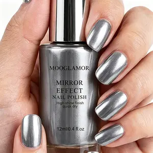 Single Bottle Silver Mirror Effect Nail Polish Ultra High Reflective Chrome Metallic Air Dry Quick Drying Nail Varnish Built In Smooth Brush Salon Home DIY Manicure Party Nail Art Supplies
