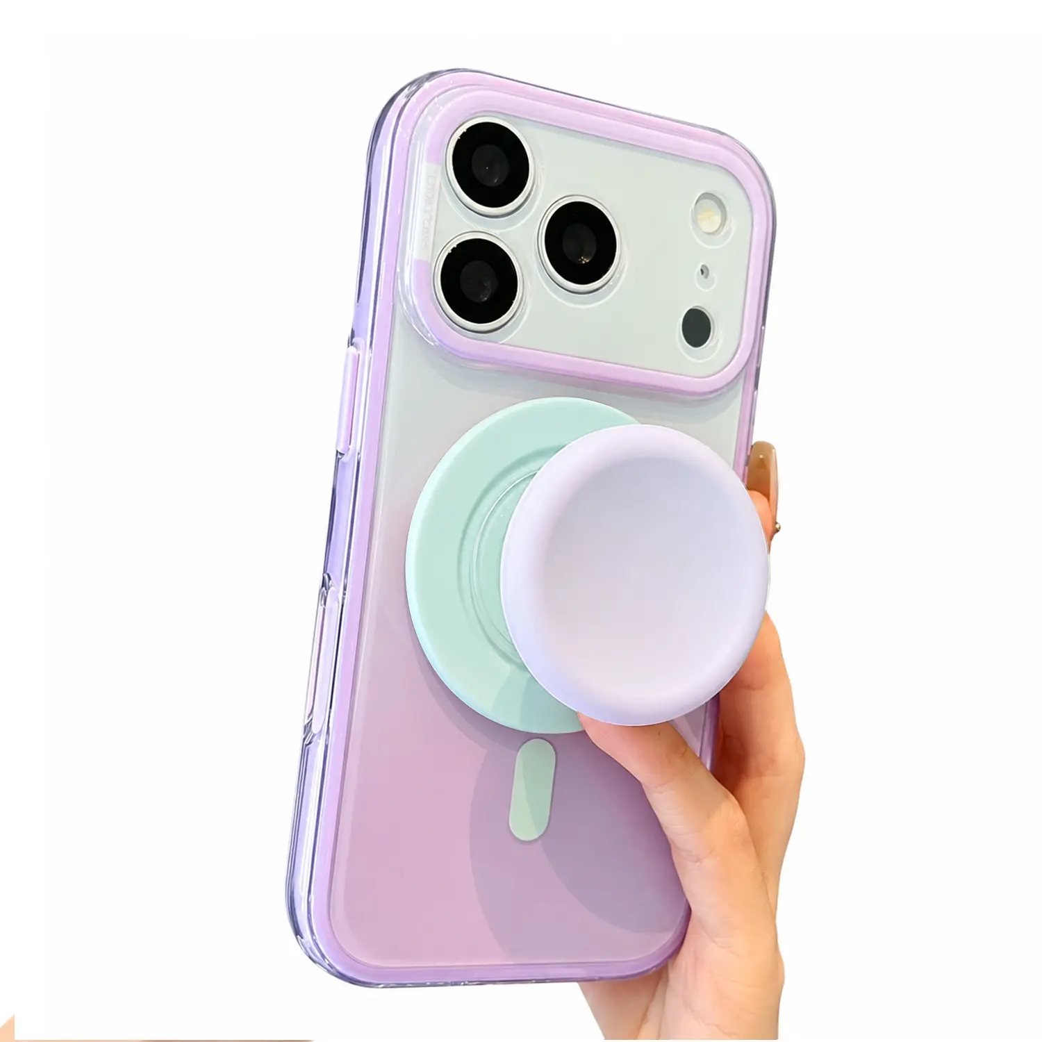 For iPhone 17 16 15 14 Pro Max MagSafe Magnetic Phone Case with Pop Socket Grip Stand, Wireless Charging Compatible, Soft TPU Protective Case, Macaron Gradient Color Block Design, Cute Phone Cover with Internal Protection Strip