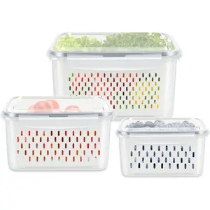 MIUVA 3-Pack Fruit Storage Containers for Fridge with Drain Colanders Airtight Basket for Lettuce Berry Vegetable Use Leakproof Stackable Produce Savers-3Pack