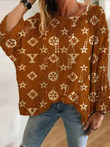Women's Bohemian Vintage Geometric Print Round Neck Long Sleeve Knit Hollow Out Top, Casual Elegant Vacation Style Sweater Knitwear