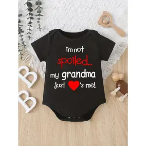 Cute Baby Bodysuit With I'm Not Spoiled My Grandma Just Loves Me Print Soft Versatile Round Neck Button Detail Regular Fit All Seasons Knitted Fabric Onesie