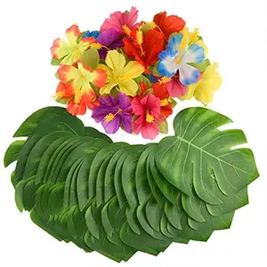 60 Pcs Wrinkle Prevention Flowers and Tropical Leaves for Tropical Party Decorations Supplies Artificial Hibiscus Flowers Tropical Palm Leaves for Hawaiian Safari BBQ Luau Party Decorations