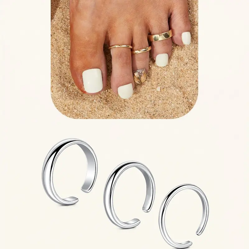 Women's Toe Rings Three Piece Set, Hypoallergenic 14k Gold Plated Adjustable Fit Toe Rings, Summer Beach Foot Jewelry, Body Jewellery, Casual Style, Summer Ready