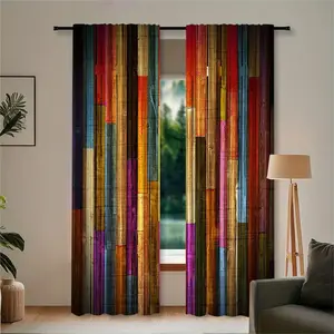 2pc abstract art style striped print curtains, Window Curtain, wooden style, rod design, a perfect gift for a friend, suitable for dormitories, bedrooms, living rooms, kitchens, dining rooms, studies, cafes, hotels, apartments, and other home decor