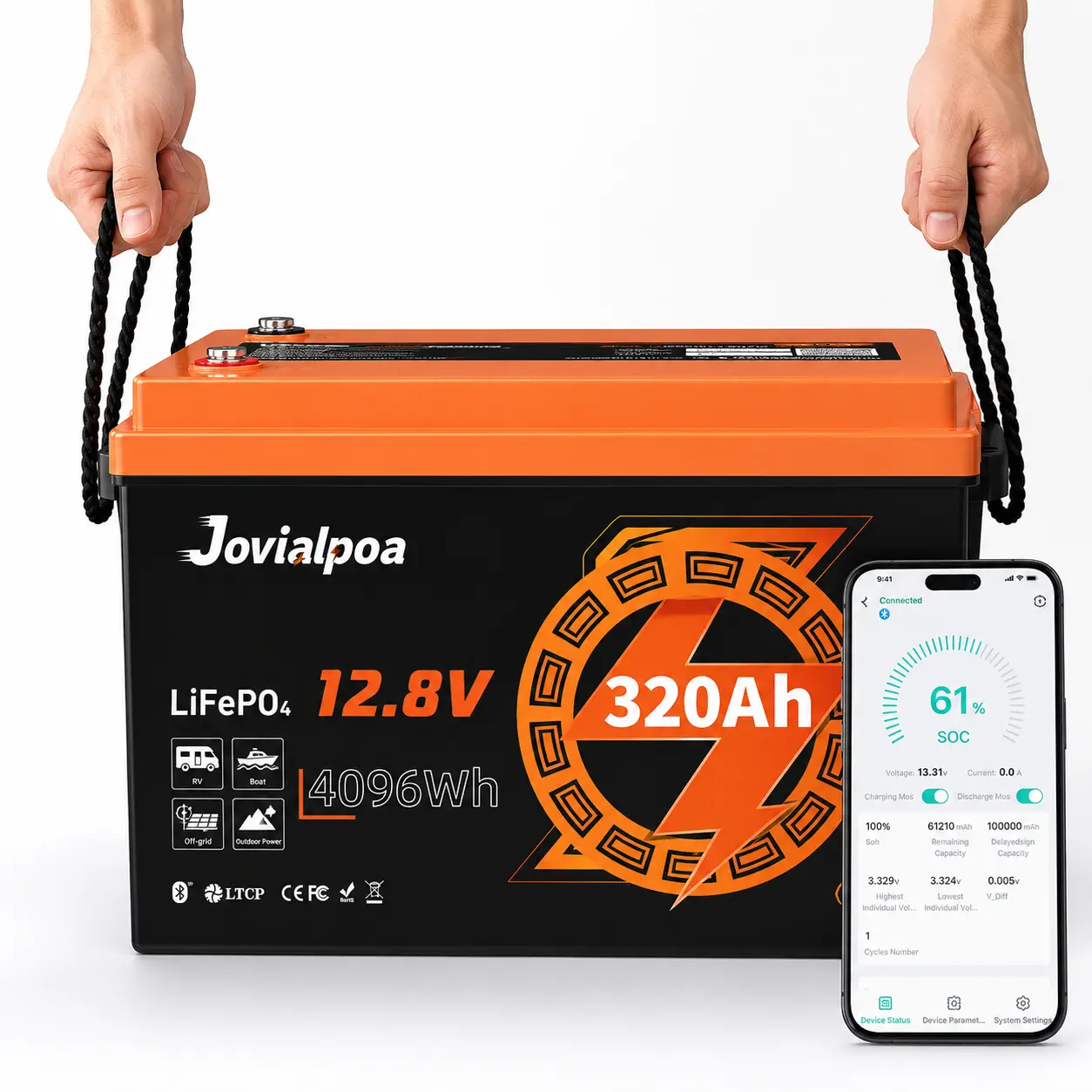 4096Wh 320Ah LiFePO4 Battery Pack with 20A Charger | 200A Smart BMS & Bluetooth 5.0, Large Capacity LFP Power Station for RV Solar Off-Grid Energy Storage