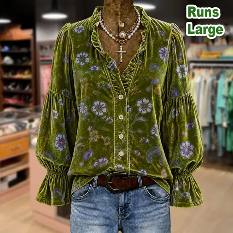 Cherrybetty Vintage Floral Paisley Print Ruffle Neck Puff Sleeve Velvet Blouse Going Out Tops Fall Tops Plussize Clothes For Women Fall Clothing Women 2026 Shirts Womenswear