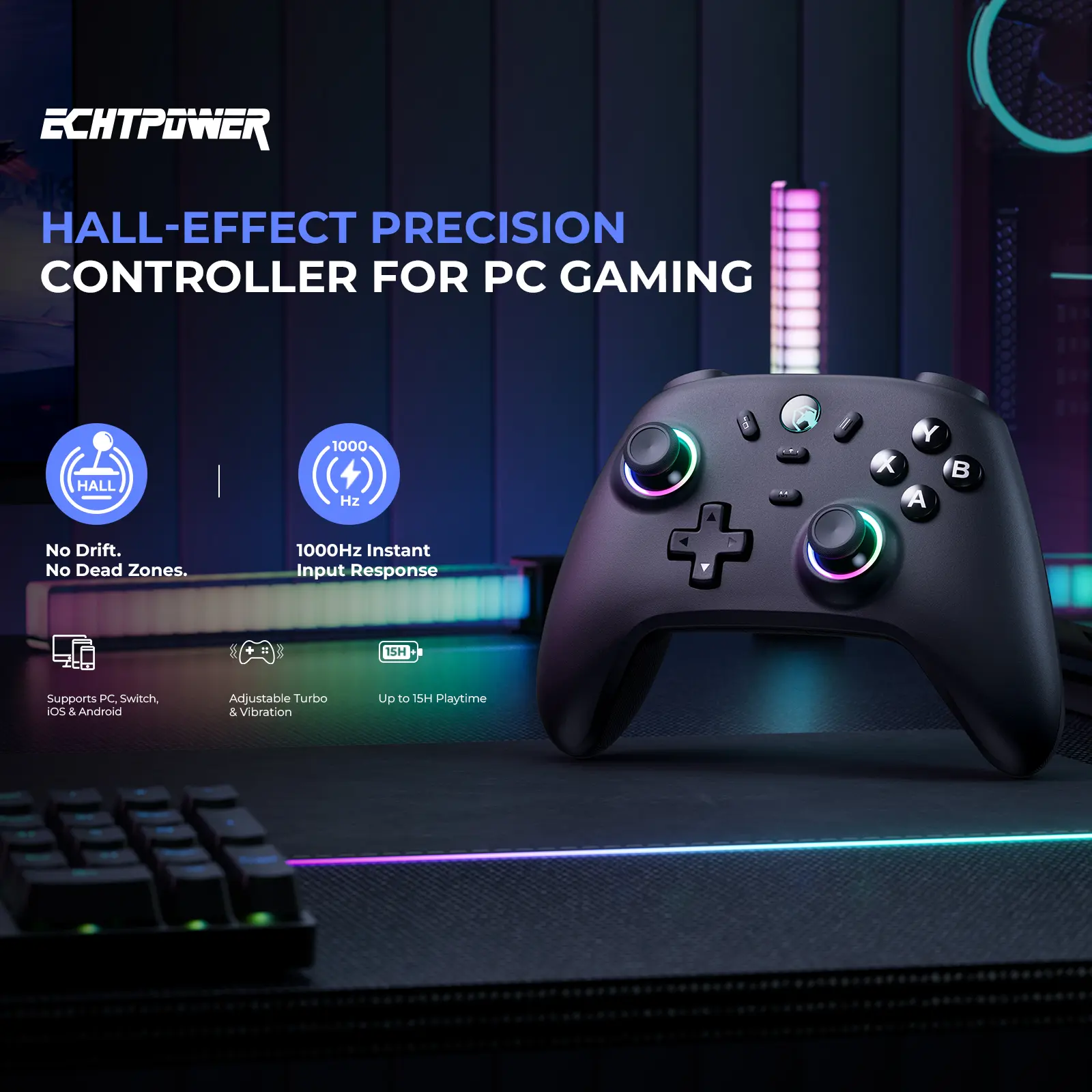 ECHTpower EP01 Flagship Controller for PC with Hall Effect Joystick & RGB Light – Compatible with PC/Switch/iOS/Android, 1000Hz Polling Rate, Adjustable Turbo, Dual Vibration & 800mAh Battery