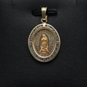 14K Gold Oval “1ra Comunion” Pendant with Virgen CZ Border - 1st Communion