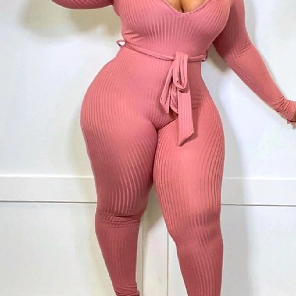 Anything But Square V-Neck Slim Fit Bodysuit Curvy Plus Long Sleeve Spandex Womenswear Belts Bodycon Jumpsuit Ribbed