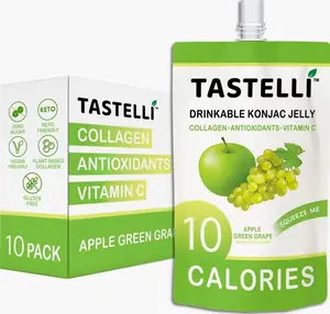 Tastelli Konjac Jelly Infused with Collagen & Vitamin C | Gluten Free, Sugar Free, Low Calorie | Vegan Drinkable Fruit Jelly Snack | Apple Green Grape | 150mL x 10 Pouches