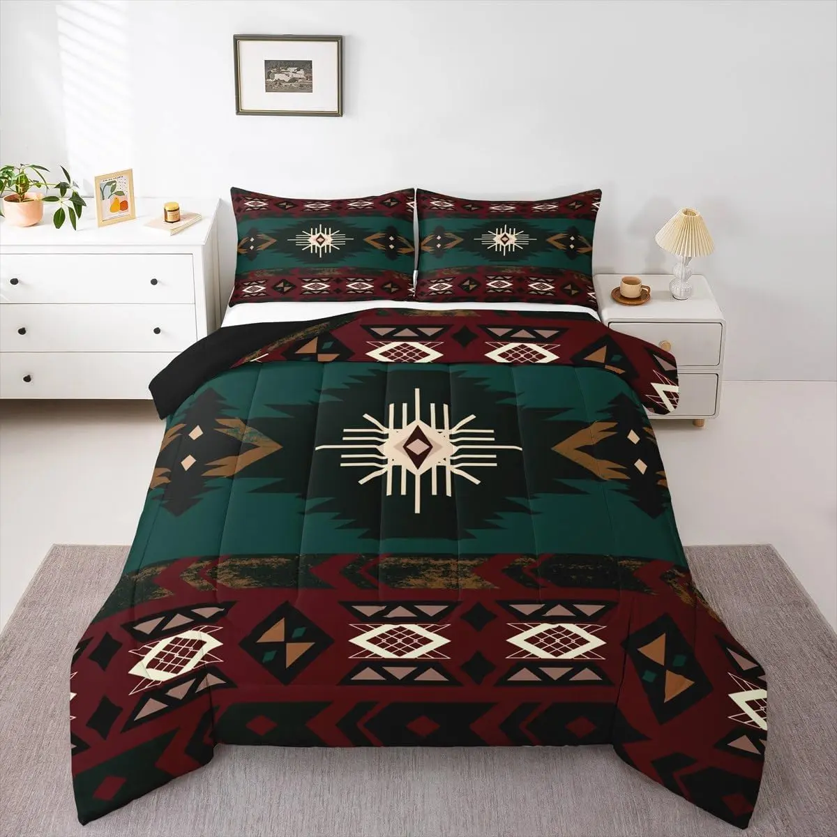 Feelyou Vintage Exotic Indian Microfiber Comforter Set - Boho Western Bedding Set, Ethnic Tribal Arrow Aztec Vintage Geometric Print Duvet Insert, Farmhouse Decor (Green, Red), Microfiber Bedding Set