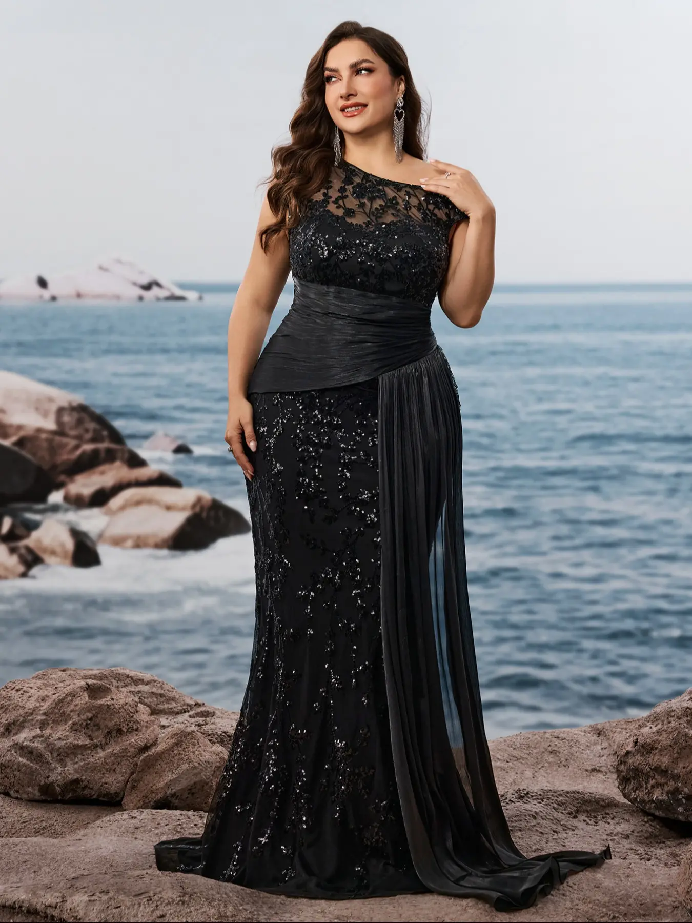 Blueplum Elegant Asymmetric Neckline Evening Gown, Formal Ball Gown, Long Mermaid Cocktail Dress, Floral Sleeve Party Dress for Women Sequins Formal Wear Style Elegance