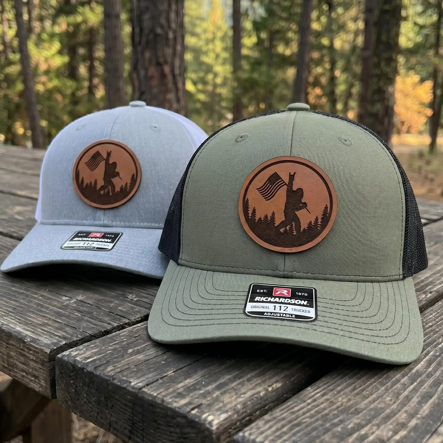 Bigfoot American Flag Leather Patch Hat, Sasquatch Trucker Cap, Patriotic Outdoor Adventure Gear, Unique Gift for Hikers & Campers