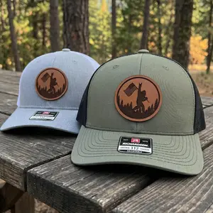 Bigfoot American Flag Leather Patch Hat, Sasquatch Trucker Cap, Patriotic Outdoor Adventure Gear, Unique Gift for Hikers & Campers
